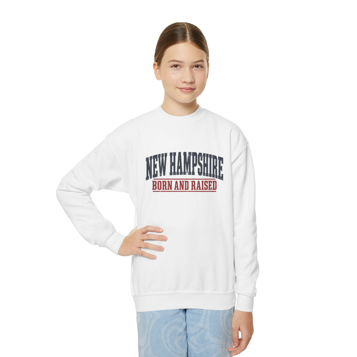 New Hampshire Born and Raised Rugged New England Unisex Youth Crewneck Sweatshirt