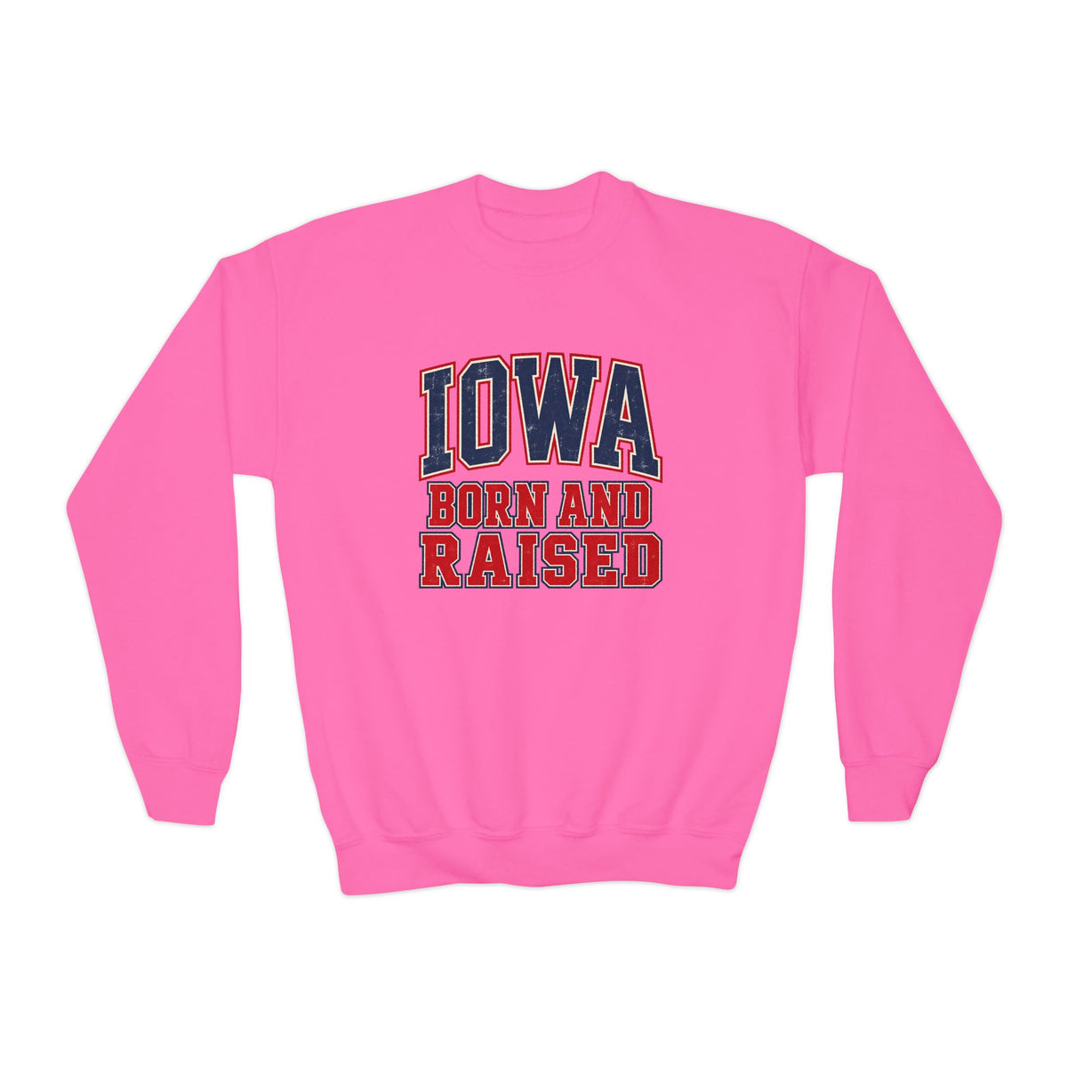 Iowa Born and Raised Vintage Collegiate Unisex Youth Crewneck Sweatshirt Graphic