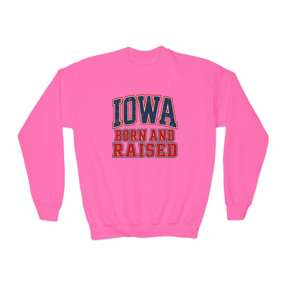 Iowa Born and Raised Vintage Collegiate Unisex Youth Crewneck Sweatshirt Graphic