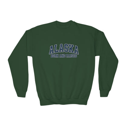 Alaska Born and Raised Classic Collegiate Unisex Youth Crewneck Sweatshirt Graphic