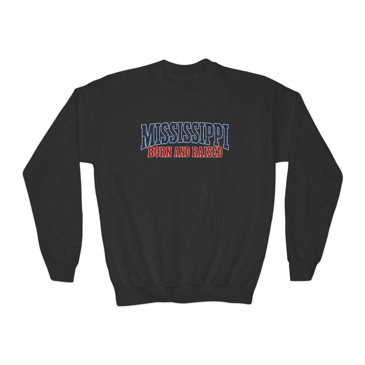 Mississippi Born and Raised Vintage Americana Unisex Youth Crewneck Sweatshirt Graphic