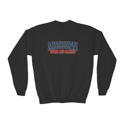 Mississippi Born and Raised Vintage Americana Unisex Youth Crewneck Sweatshirt Graphic
