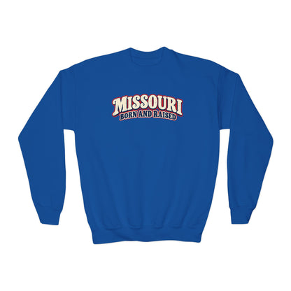 Missouri Born and Raised Retro 1970s Unisex Youth Crewneck Sweatshirt Graphic