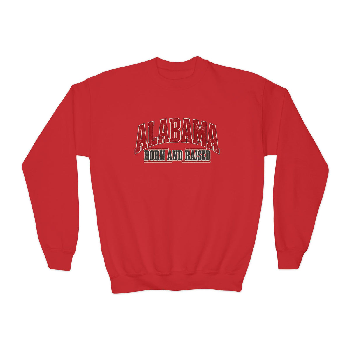 Alabama Born and Raised Bold Southern Americana Unisex Youth Crewneck Sweatshirt Graphic