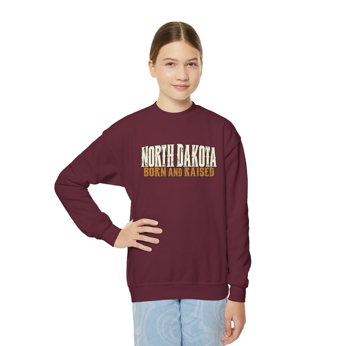 North Dakota Born and Raised Western Streetwear Unisex Youth Crewneck Sweatshirt Graphic