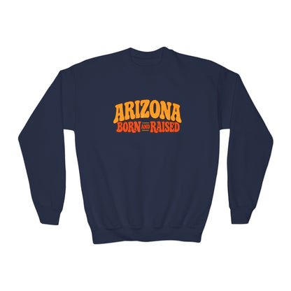 Arizona Born and Raised  Retro 1970s Southwest Unisex Youth Crewneck Sweatshirt Graphic
