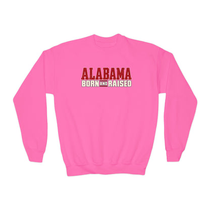 Alabama Born and Raised Premium Southern Streetwear Unisex Youth Crewneck Sweatshirt Graphic