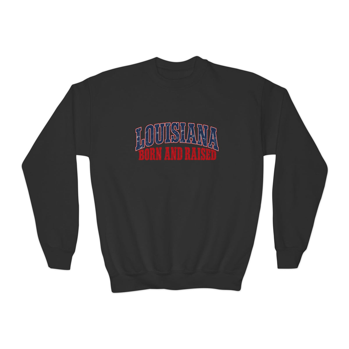 Louisiana Born and Raised Gulf South Heritage Unisex Youth Crewneck Sweatshirt Graphic