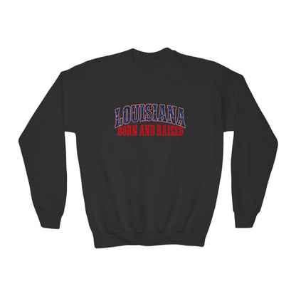 Louisiana Born and Raised Gulf South Heritage Unisex Youth Crewneck Sweatshirt Graphic