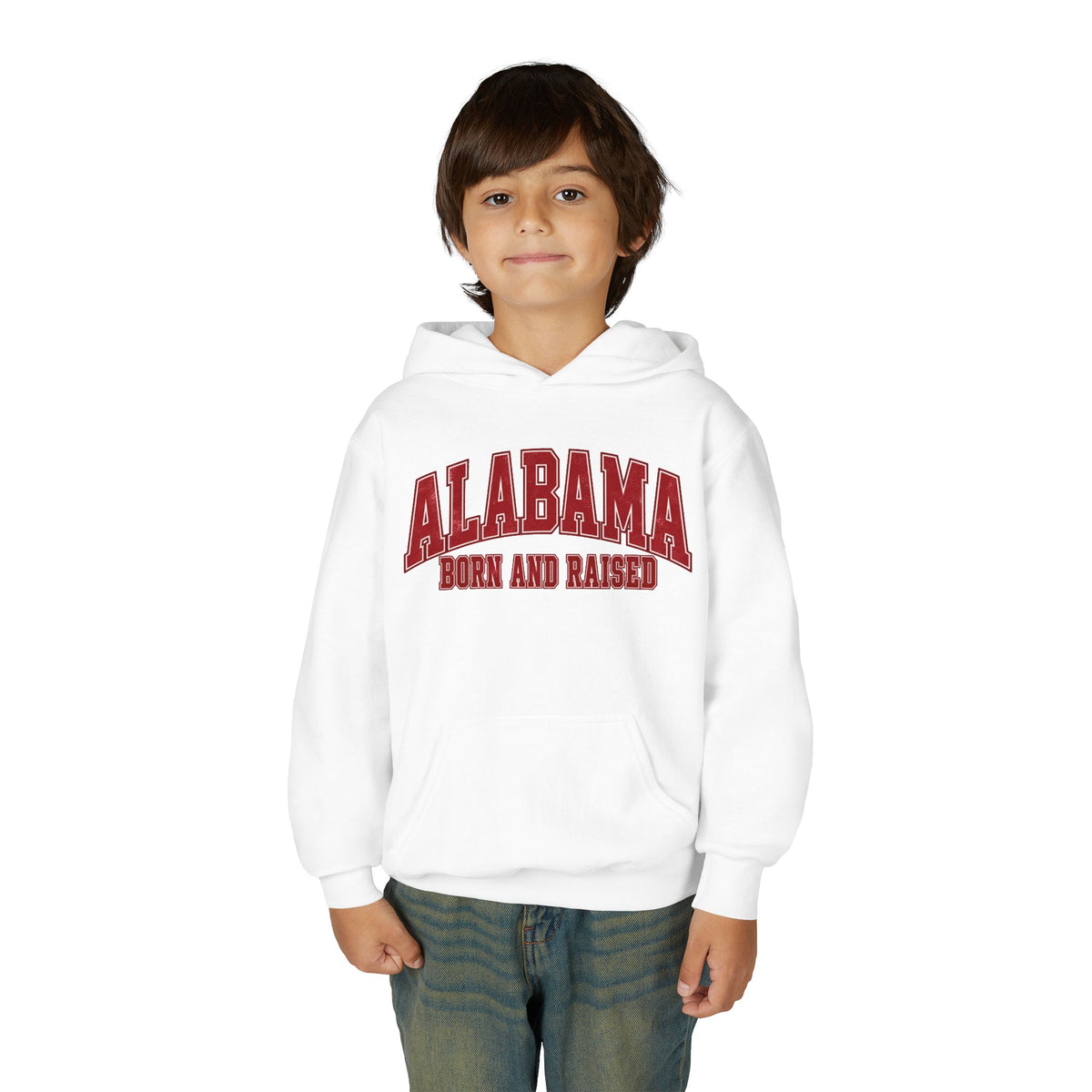 Alabama Born and Raised Collegiate Classic Unisex Youth Heavy Blend Hooded Sweatshirt Graphic