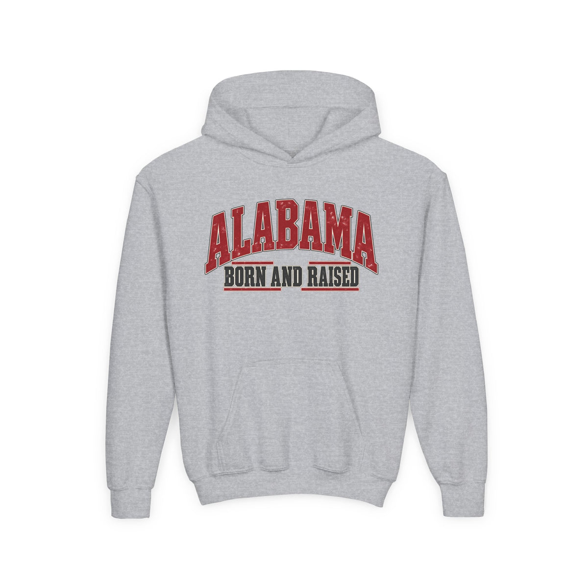 Alabama Born and Raised Bold Southern Americana Unisex Youth Heavy Blend Hooded Sweatshirt Graphic