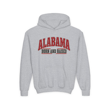 Alabama Born and Raised Bold Southern Americana Unisex Youth Heavy Blend Hooded Sweatshirt Graphic
