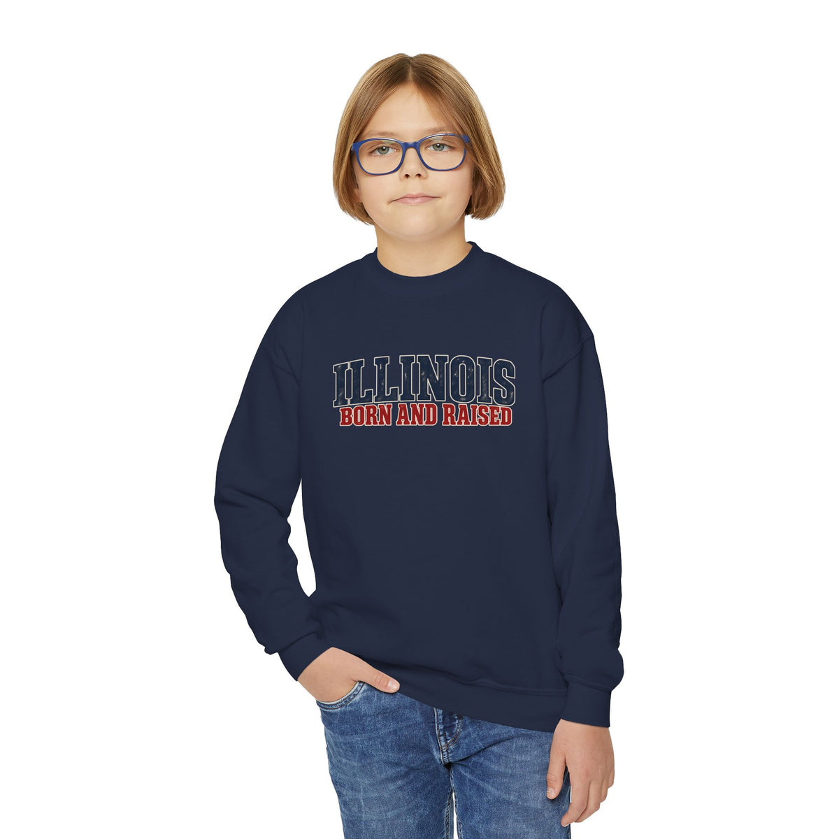 Illinois Born and Raised Midwest Americana Unisex Youth Crewneck Sweatshirt