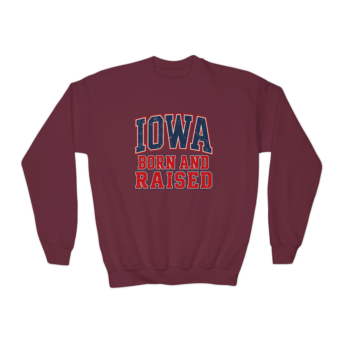 Iowa Born and Raised Vintage Collegiate Unisex Youth Crewneck Sweatshirt Graphic