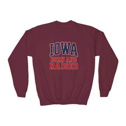 Iowa Born and Raised Vintage Collegiate Unisex Youth Crewneck Sweatshirt Graphic