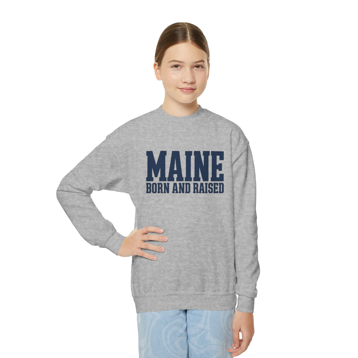 Maine Born and Raised Premium Heritage Streetwear Unisex Youth Crewneck Sweatshirt