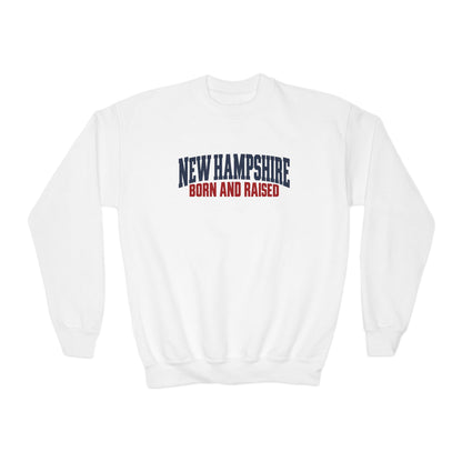 New Hampshire Born and Raised Modern Streetwear Unisex Youth Crewneck Sweatshirt Graphic