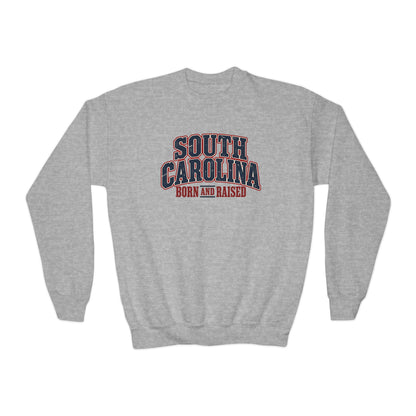 South Carolina Born and Raised Southern Americana Unisex Youth Crewneck Sweatshirt Graphic