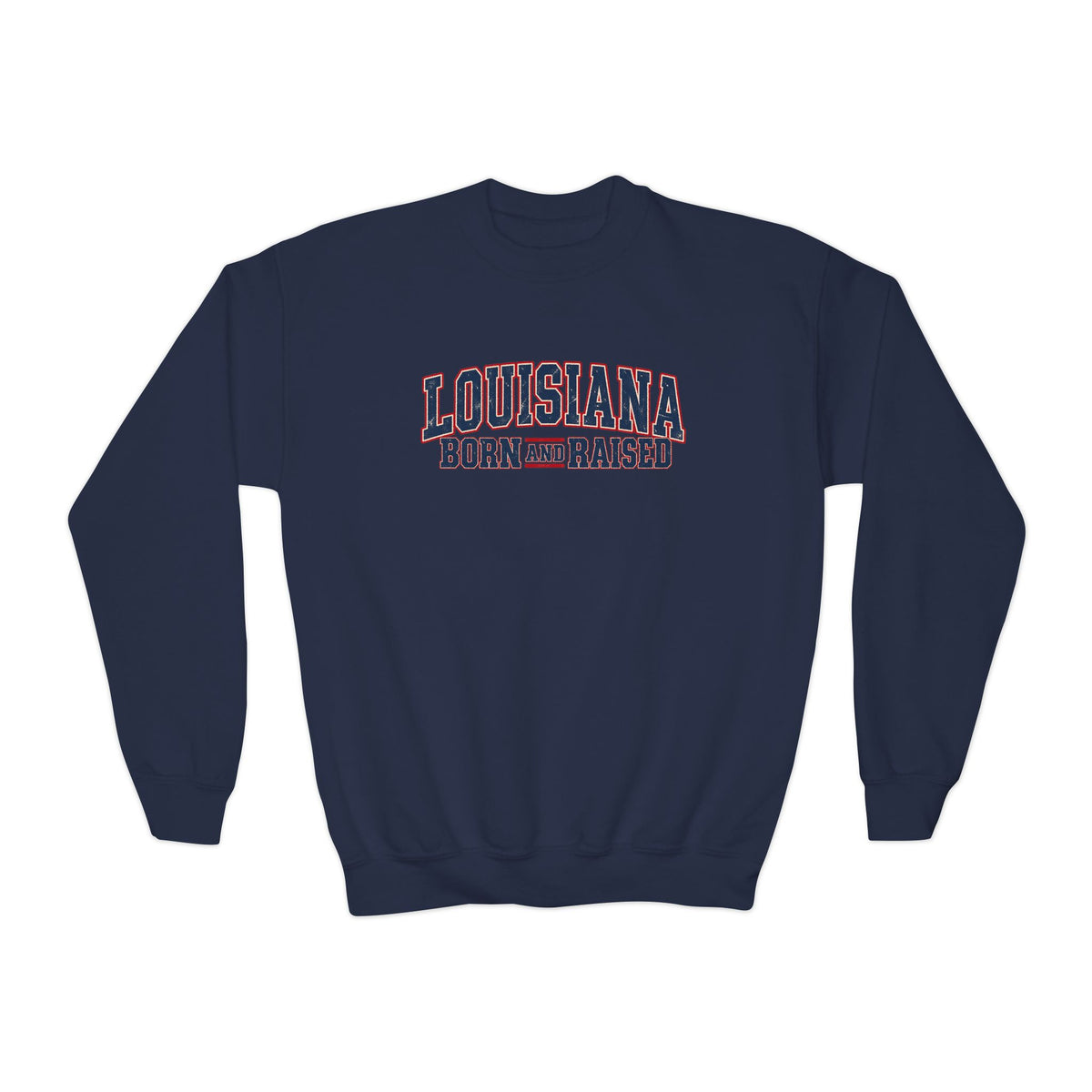 Louisiana Born and Raised Vintage Americana Unisex Youth Crewneck Sweatshirt Graphic