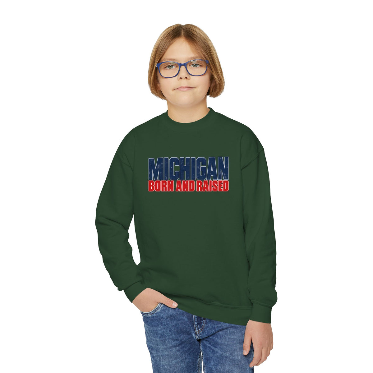 Michigan Born and Raised Modern Streetwear Unisex Youth Crewneck Sweatshirt