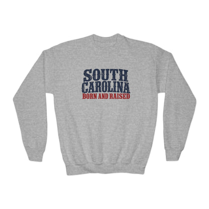 South Carolina Born and Raised Southern Heritage Unisex Youth Crewneck Sweatshirt Graphic