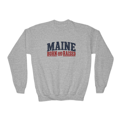 Maine Born and Raised Rugged Outdoor Heritage Unisex Youth Crewneck Sweatshirt Graphic