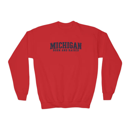 Michigan Born and Raised Rustic Midwest Unisex Youth Crewneck Sweatshirt