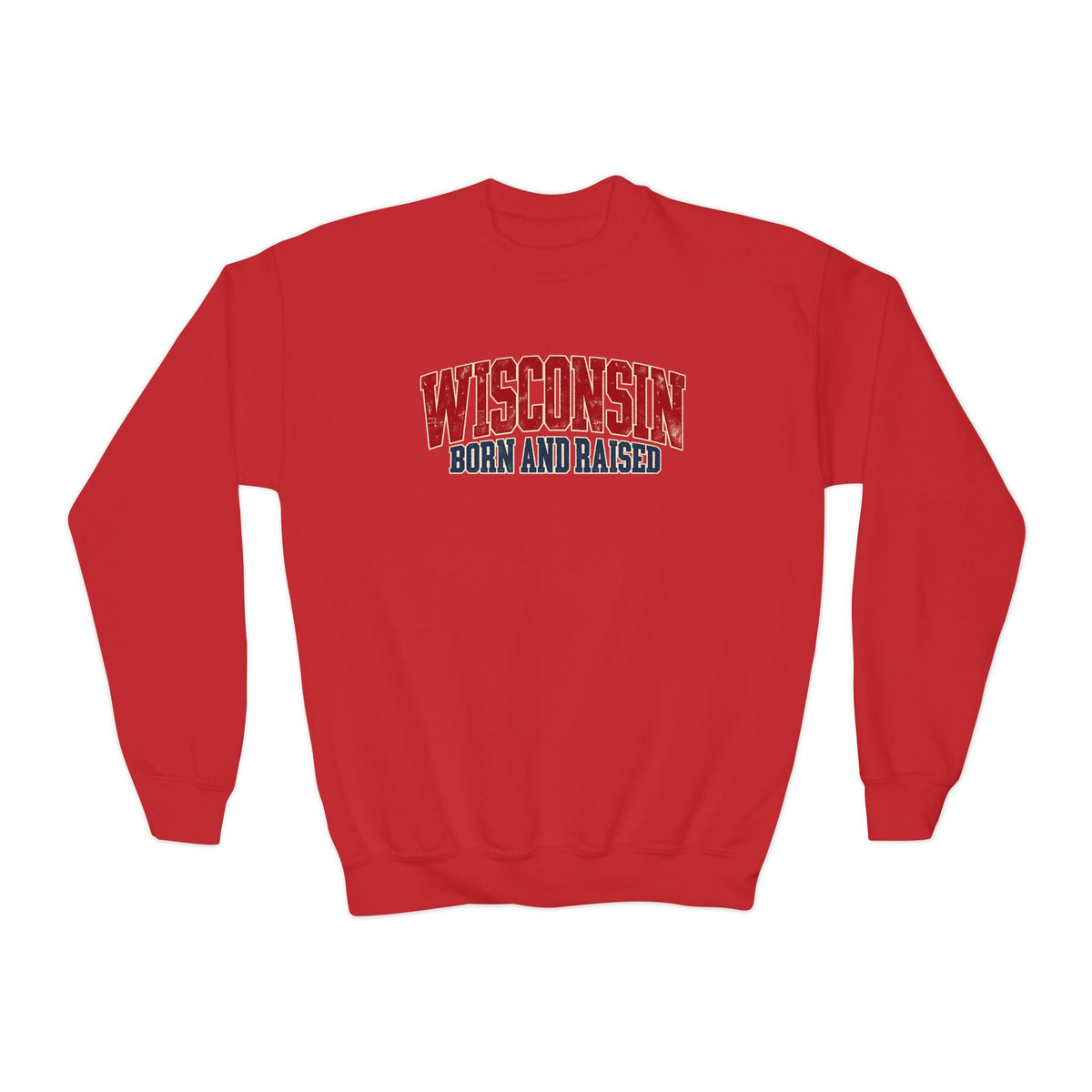 Wisconsin Born and Raised Midwest Heritage Unisex Youth Crewneck Sweatshirt Graphic