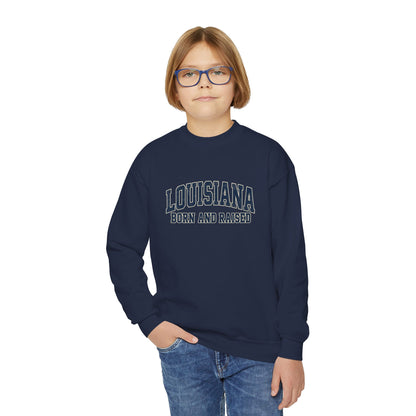 Louisiana Born and Raised Southern Collegiate Unisex Youth Crewneck Sweatshirt