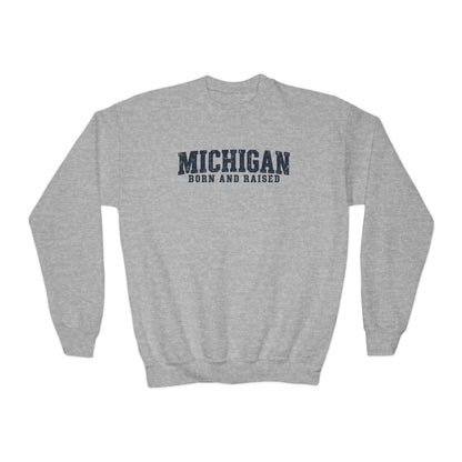 Michigan Born and Raised Rustic Midwest Unisex Youth Crewneck Sweatshirt