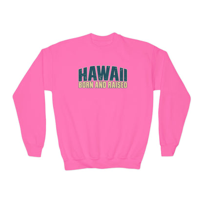Hawaii Born and Raised Premium Surf Unisex Youth Crewneck Sweatshirt Graphic