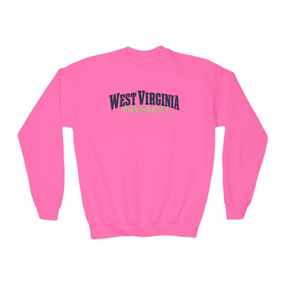 West Virginia Born and Raised Southern Heritage Unisex Youth Crewneck Sweatshirt Graphic