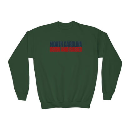 North Carolina Born and Raised Southern Streetwear Unisex Youth Crewneck Sweatshirt Graphic