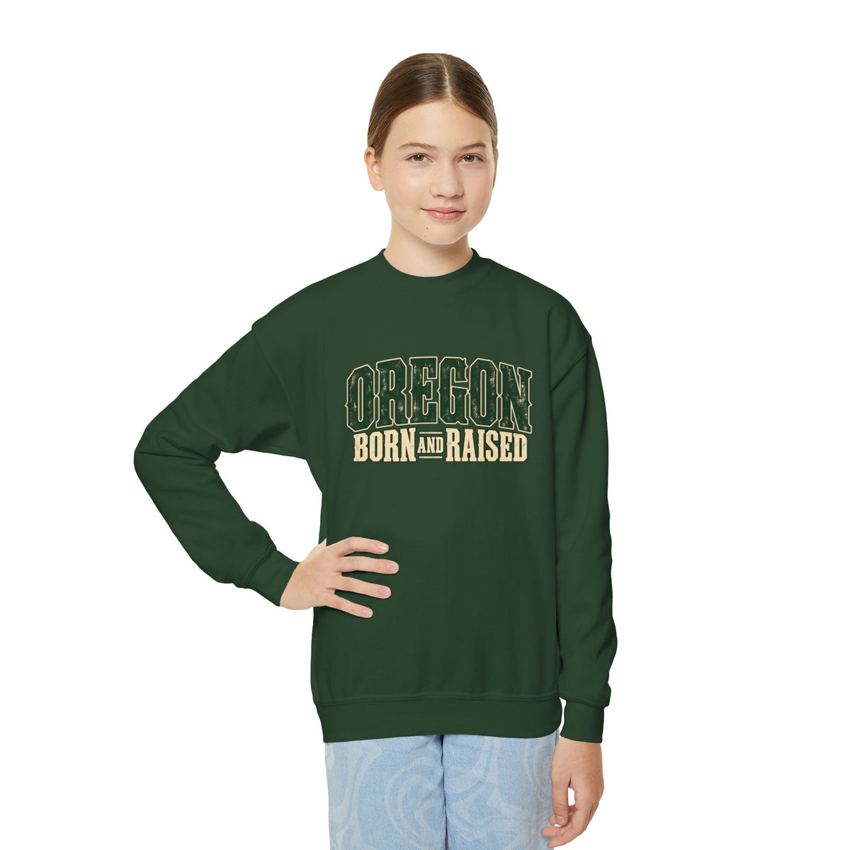 Oregon Born and Raised Vintage PNW Heritage Unisex Youth Crewneck Sweatshirt Graphic