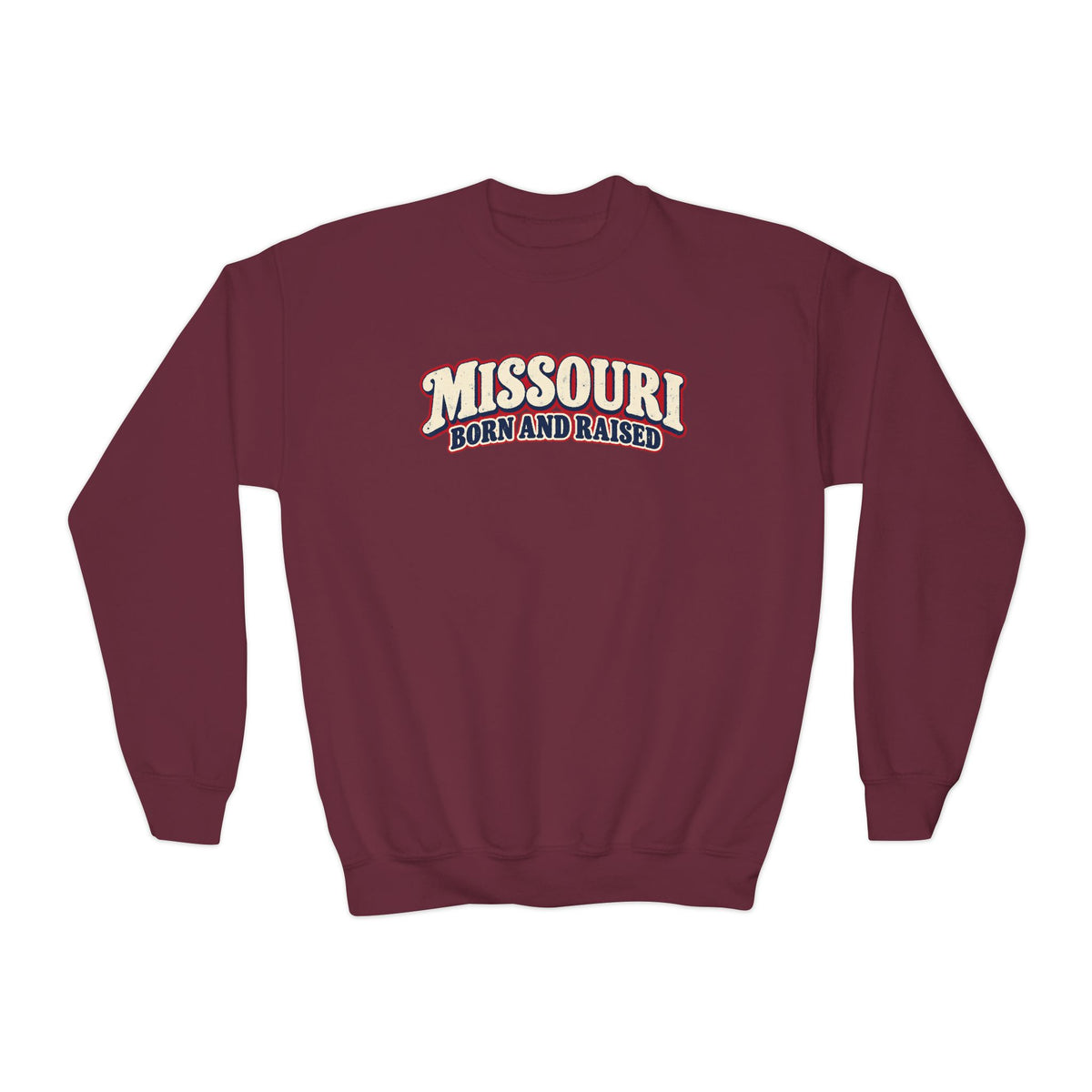 Missouri Born and Raised Retro 1970s Unisex Youth Crewneck Sweatshirt Graphic