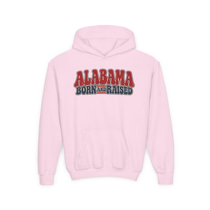 Alabama Born and Raised Retro 1970s Americana Unisex Youth Heavy Blend Hooded Sweatshirt Graphic