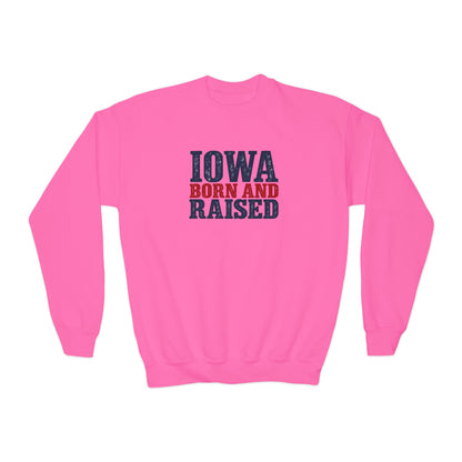 Iowa Born and Raised Bold Hometown Pride Unisex Youth Crewneck Sweatshirt Graphic