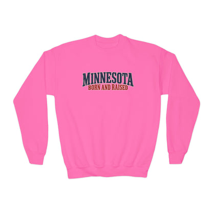 Minnesota Born and Raised Premium Northwoods Unisex Youth Crewneck Sweatshirt Graphic