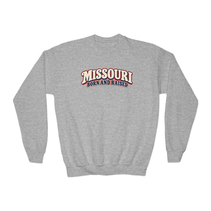 Missouri Born and Raised Retro 1970s Unisex Youth Crewneck Sweatshirt Graphic