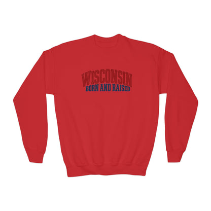 Wisconsin Born and Raised Vintage Americana Unisex Youth Crewneck Sweatshirt Graphic