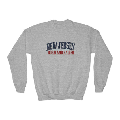 New Jersey Born and Raised Vintage Americana Unisex Youth Crewneck Sweatshirt Graphic