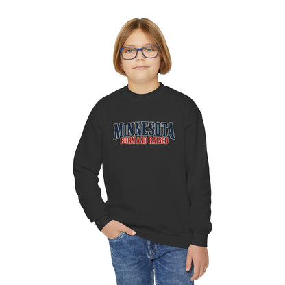 Minnesota Born and Raised Premium Northwoods Unisex Youth Crewneck Sweatshirt Graphic