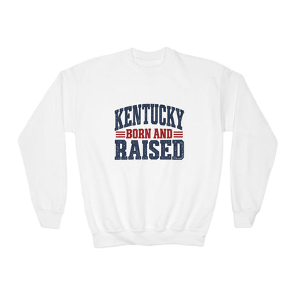 Kentucky Born and Raised Vintage Americana Unisex Youth Crewneck Sweatshirt Graphic