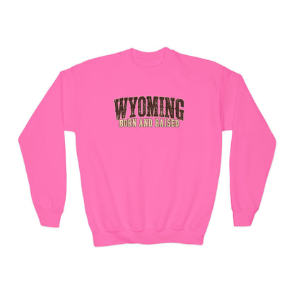 Wyoming Born and Raised Vintage Western Americana Unisex Youth Crewneck Sweatshirt Graphic