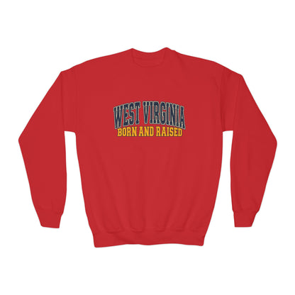 West Virginia Born and Raised Vintage Americana Unisex Youth Crewneck Sweatshirt Graphic