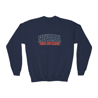 Nevada Born and Raised Vintage Americana Unisex Youth Crewneck Sweatshirt Graphic