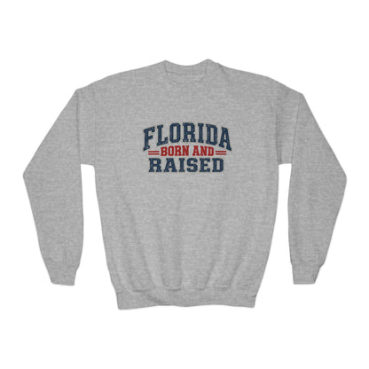 Florida Born and Raised Rustic Americana Unisex Youth Crewneck Sweatshirt Graphic
