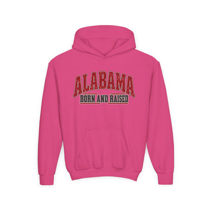 Alabama Born and Raised Bold Southern Americana Unisex Youth Heavy Blend Hooded Sweatshirt Graphic