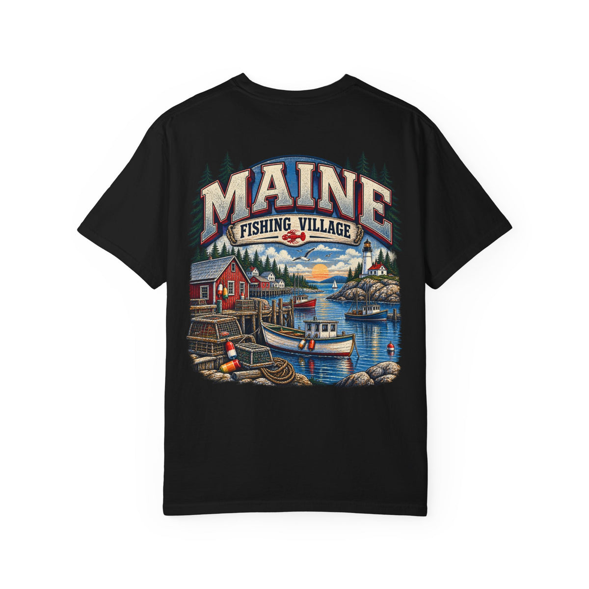 Maine Fishing Village Unisex Comfort Color 1717 Streetwear Graphic Tee