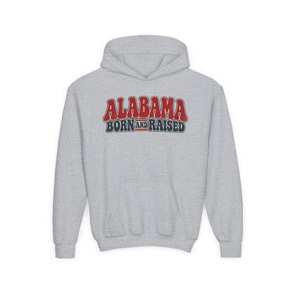Alabama Born and Raised Retro 1970s Americana Unisex Youth Heavy Blend Hooded Sweatshirt Graphic